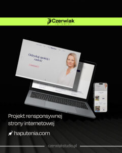 Makieta responsywnej strony HAPUTENIA wyświetlana na laptopie i telefonie, z logo Czerniak Studio u góry
