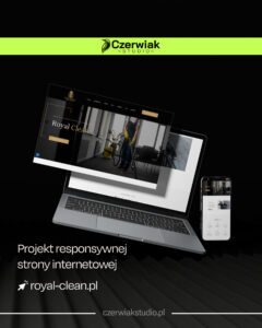 Makieta responsywnej strony Royal Clean na laptopie i telefonie z logo Czerwiak Studio oraz adresem royal-clean.pl