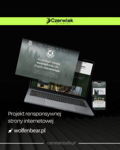 Makieta responsywnej strony internetowej na laptopie i telefonie z logo Czterwiak Studio oraz napisem wolfenbear.pl